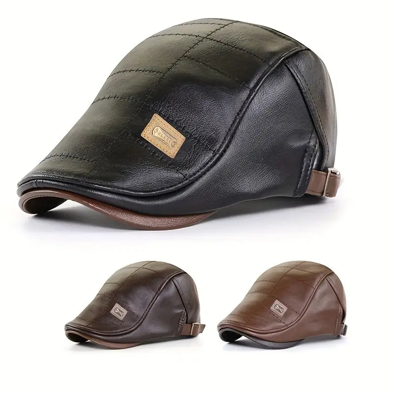 Retro Leather Beret Cap, Adjustable